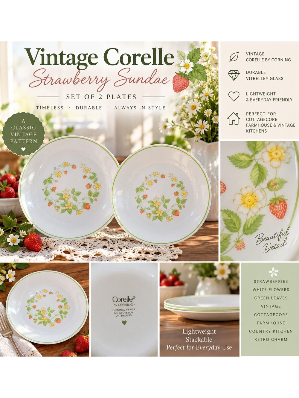 Vintage Corelle Strawberry Sundae Plates Set of 2 Corning Strawberry Floral